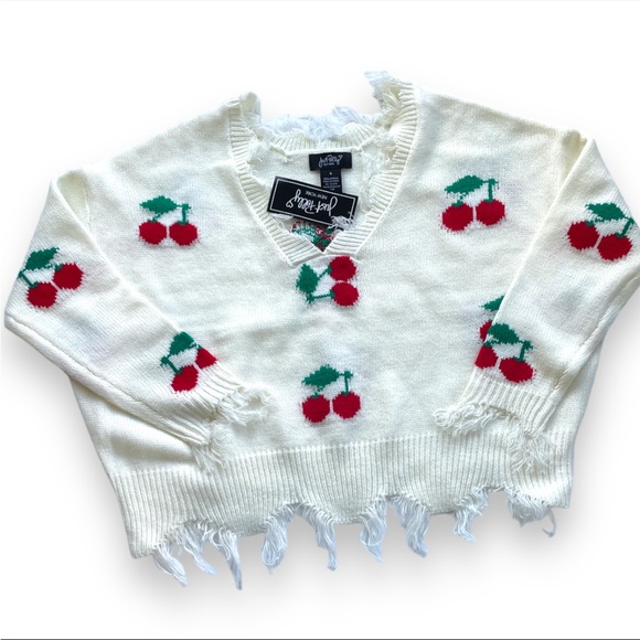 NWT Just Polly juniors Frayed V-neck Cherry Pullover Oversize Sweater Size Small - Picture 4 of 11